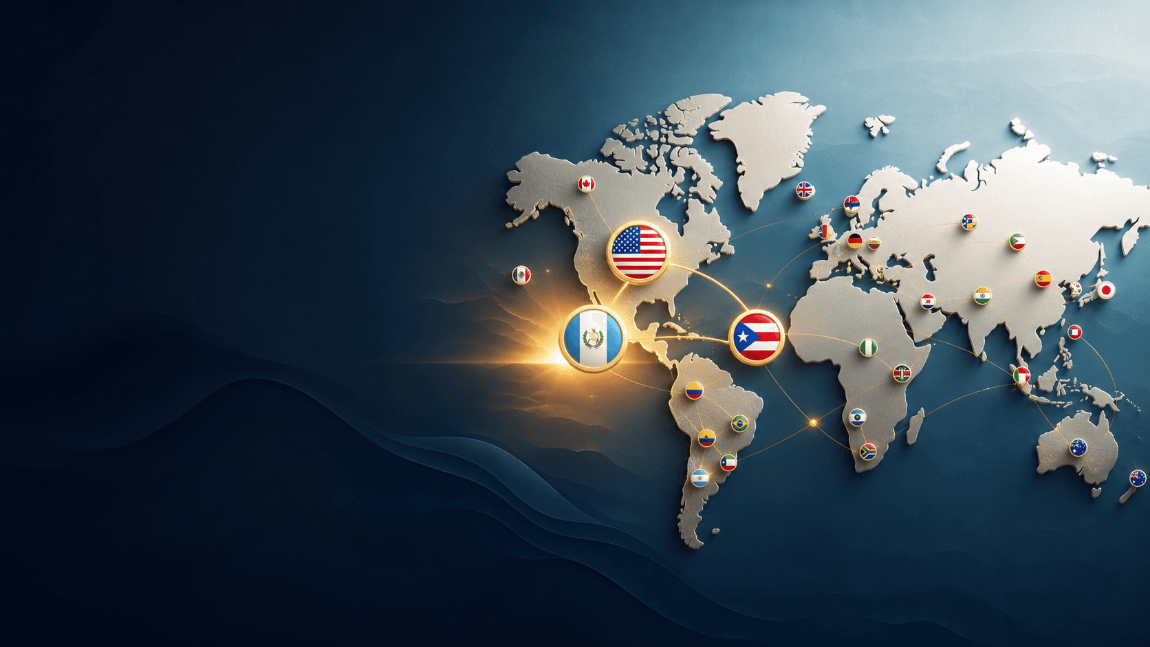 Mapa mundial misionero con énfasis en Guatemala, Puerto Rico y Estados Unidos