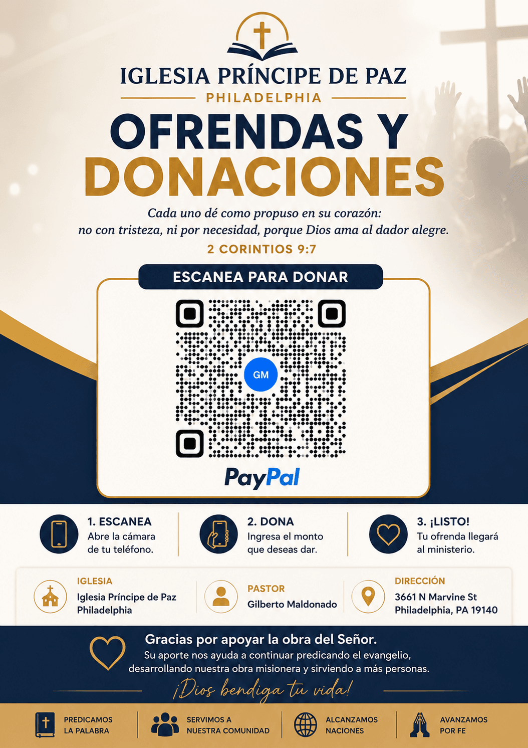 Código QR de PayPal para ofrendas y donaciones de la Iglesia Príncipe de Paz Philadelphia